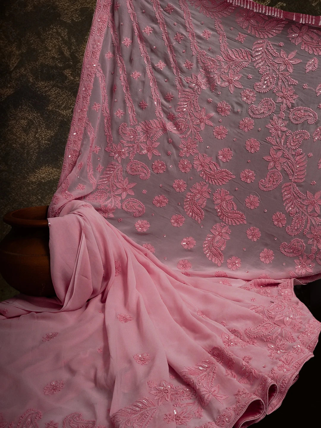 Ada Hand Embroidered Pink Viscose Georgette Lucknowi Chikankari Saree/Blouse With Sequinned Work 01A299133