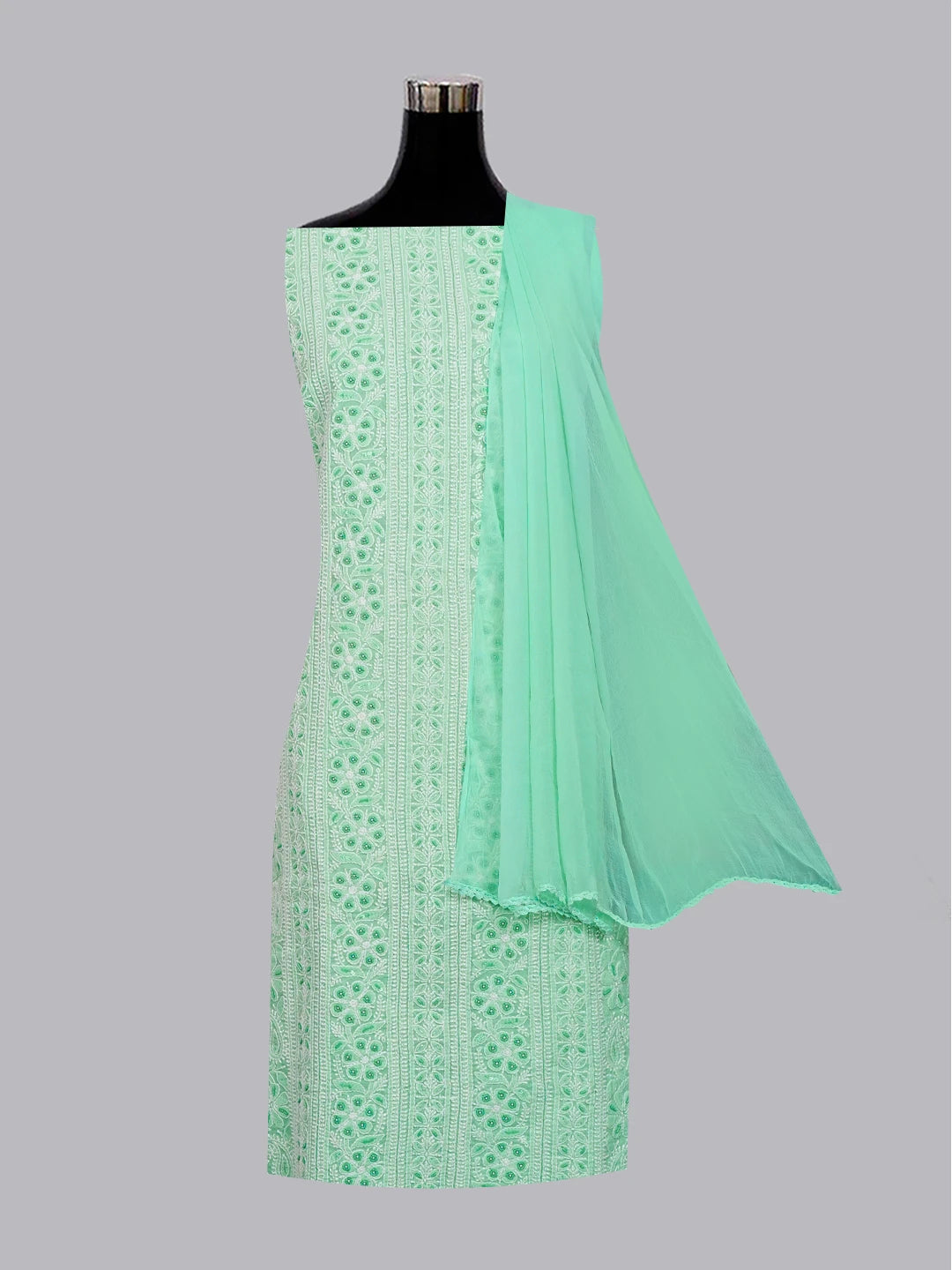 Ada Hand Embroidered Sea Green Cotton Lucknowi Chikankari Unstitched Suit Piece With Pearl Work 01A539223