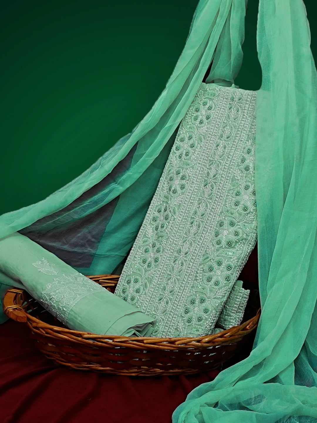 Ada Hand Embroidered Sea Green Cotton Lucknowi Chikankari Unstitched Suit Piece With Pearl Work 01A539223