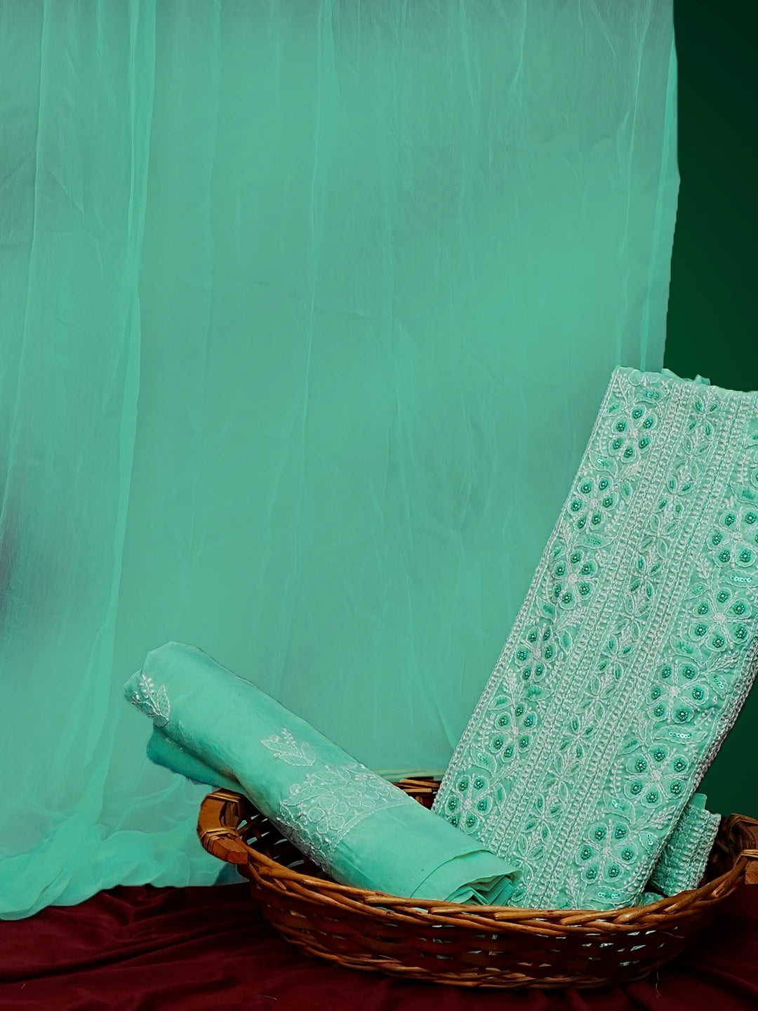 Ada Hand Embroidered Sea Green Cotton Lucknowi Chikankari Unstitched Suit Piece With Pearl Work 01A539223
