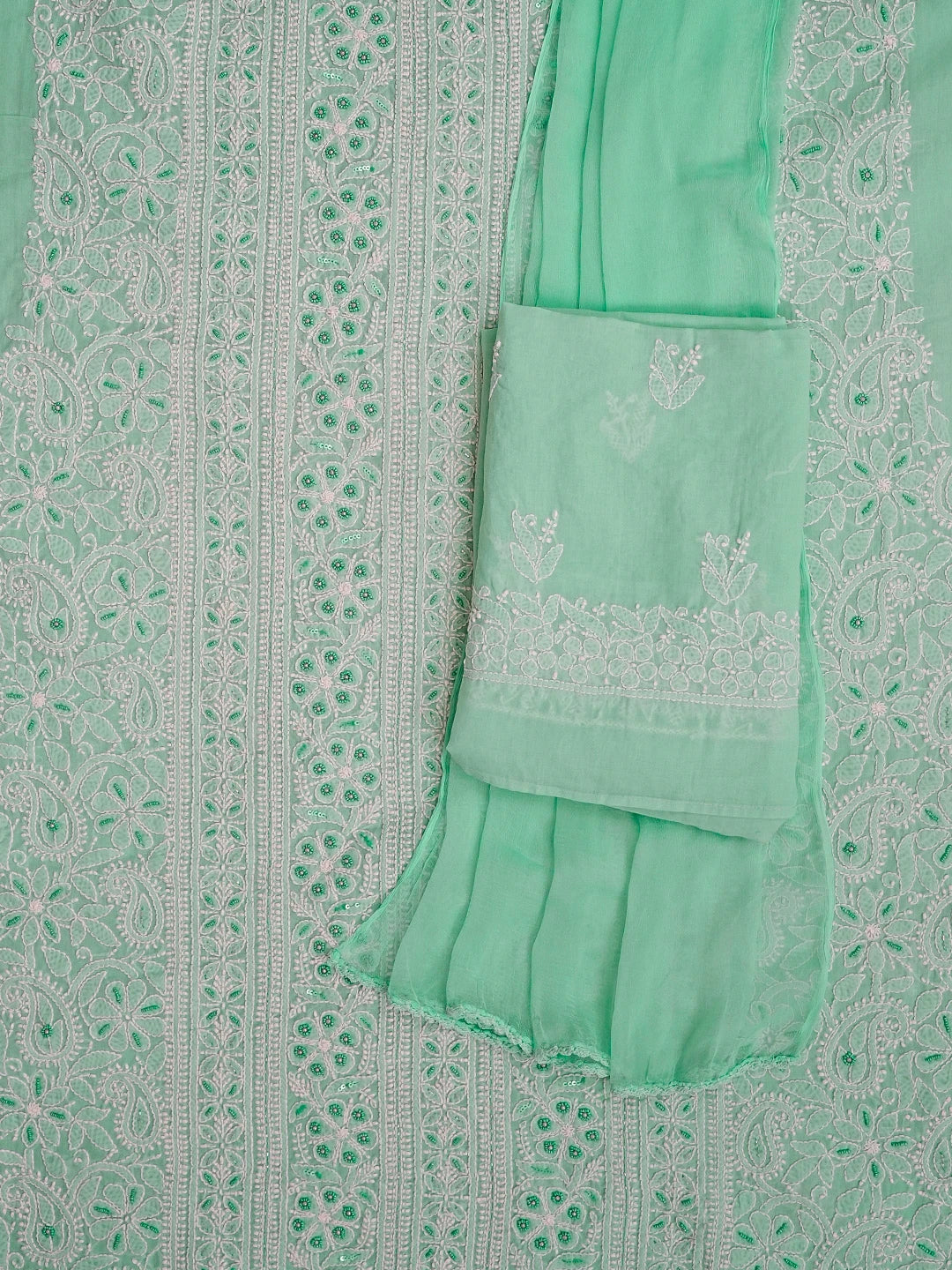 Ada Hand Embroidered Sea Green Cotton Lucknowi Chikankari Unstitched Suit Piece With Pearl Work 01A539223