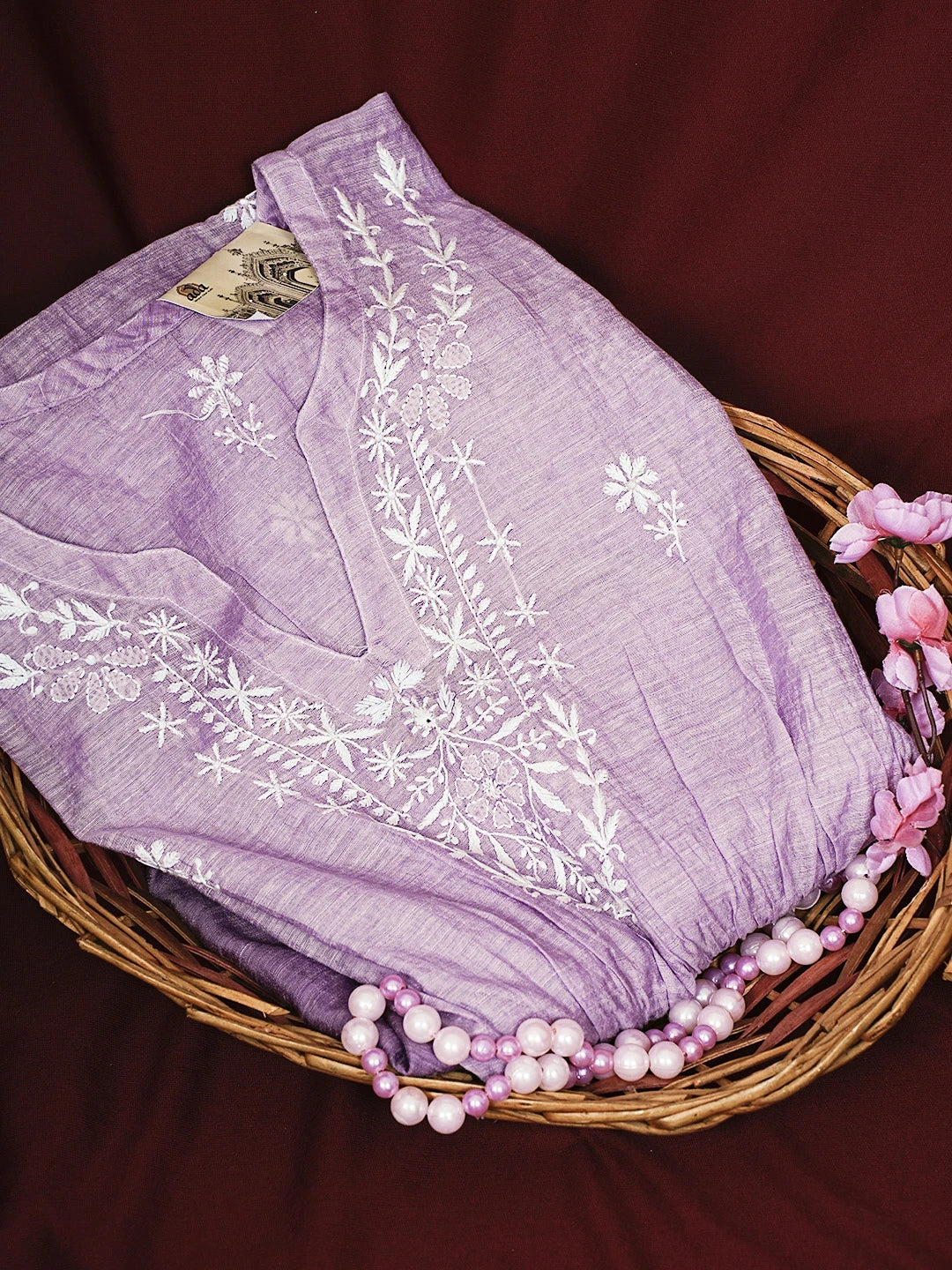 Ada Hand Embroidered Mauve Chanderi Lucknowi Chikankari Semi-Stitched Kaftan 01A489055