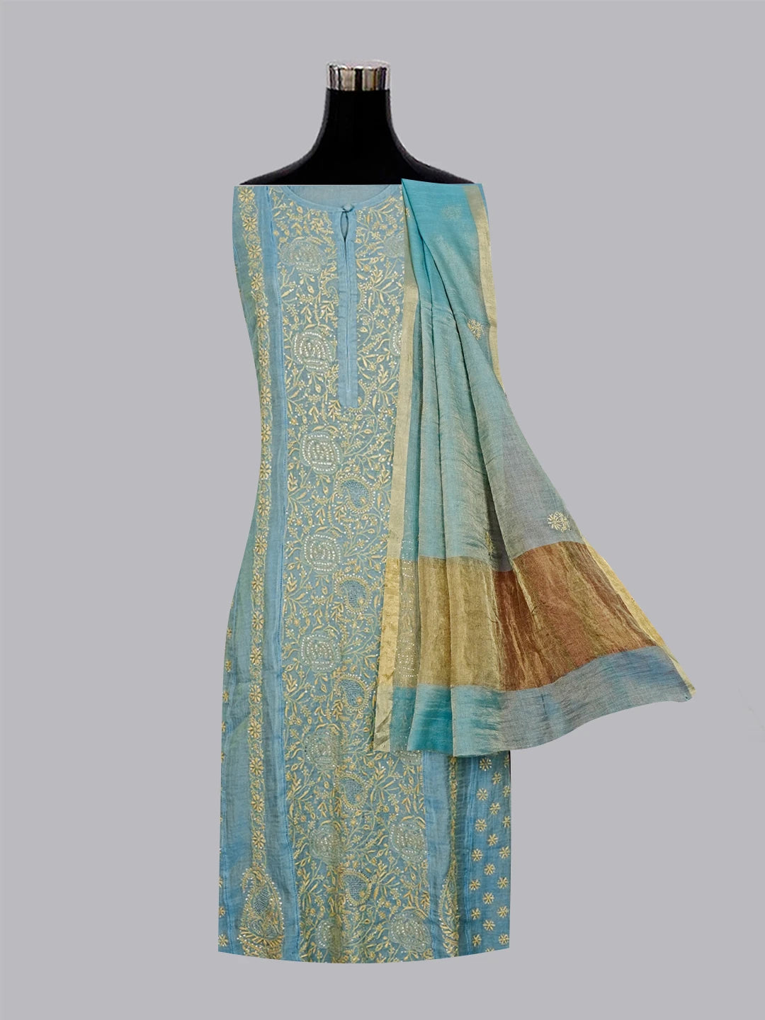 Ada Hand Embroidered Teal Green Tissue Lucknowi Chikankari Semi-stitched Kurta Dupatta Set With Muqaish Work 01A543836