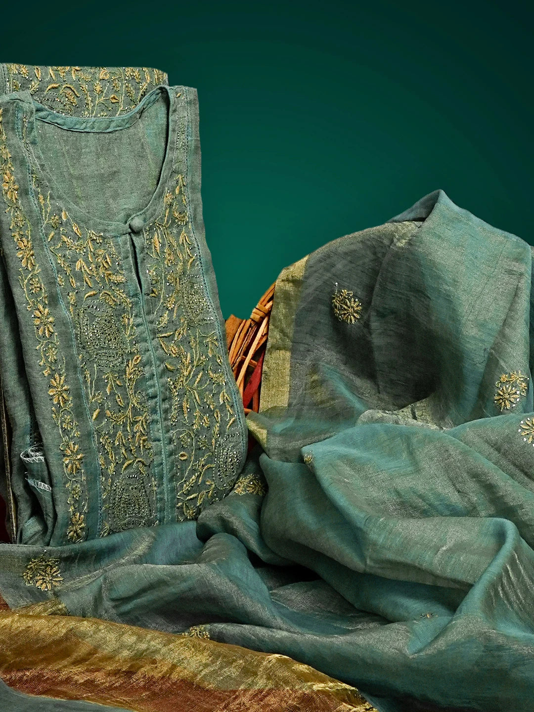 Ada Hand Embroidered Teal Green Tissue Lucknowi Chikankari Semi-stitched Kurta Dupatta Set With Muqaish Work 01A543836
