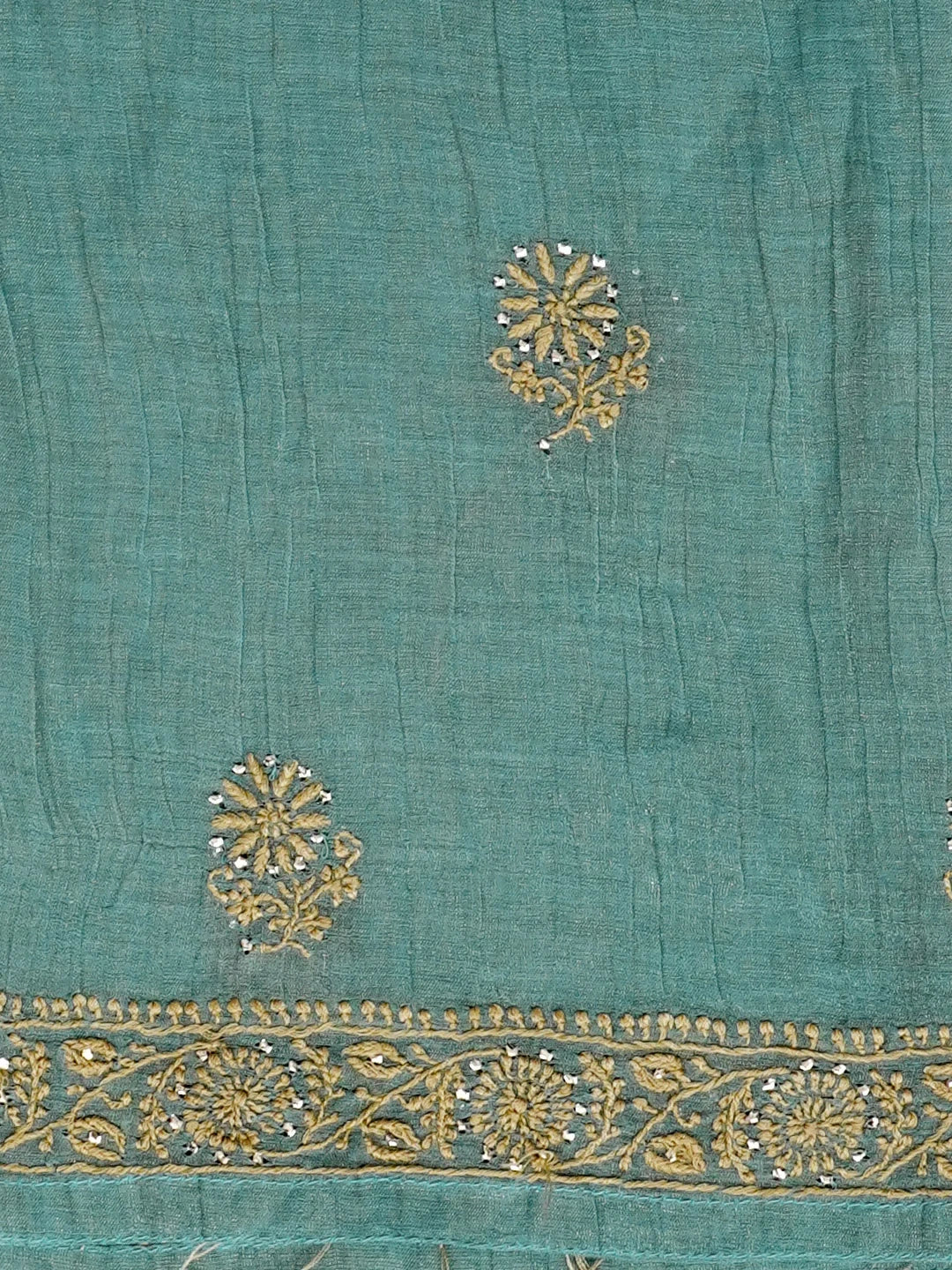 Ada Hand Embroidered Teal Green Tissue Lucknowi Chikankari Semi-stitched Kurta Dupatta Set With Muqaish Work 01A543836