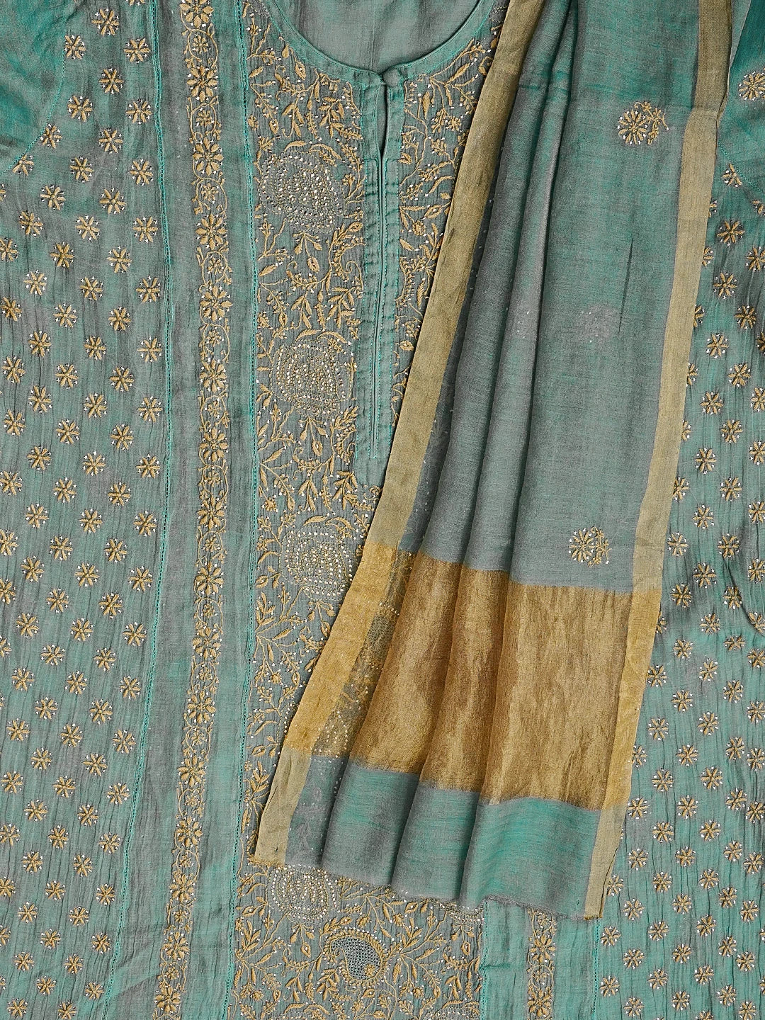 Ada Hand Embroidered Teal Green Tissue Lucknowi Chikankari Semi-stitched Kurta Dupatta Set With Muqaish Work 01A543836