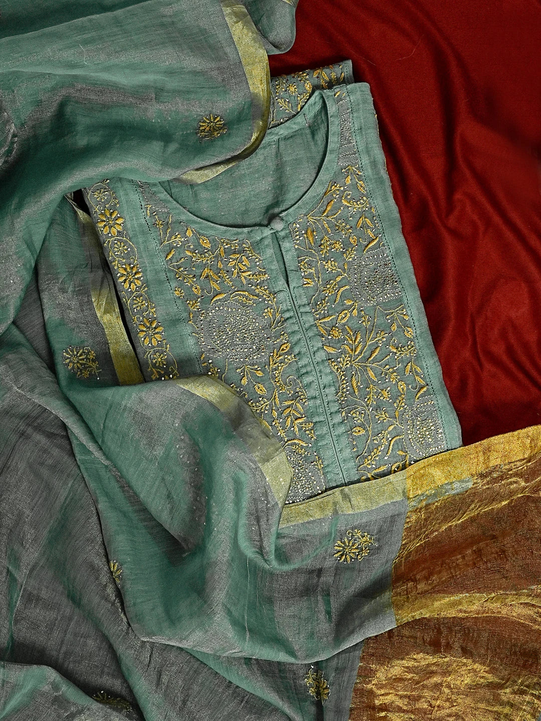 Ada Hand Embroidered Teal Green Tissue Lucknowi Chikankari Semi-stitched Kurta Dupatta Set With Muqaish Work 01A543836