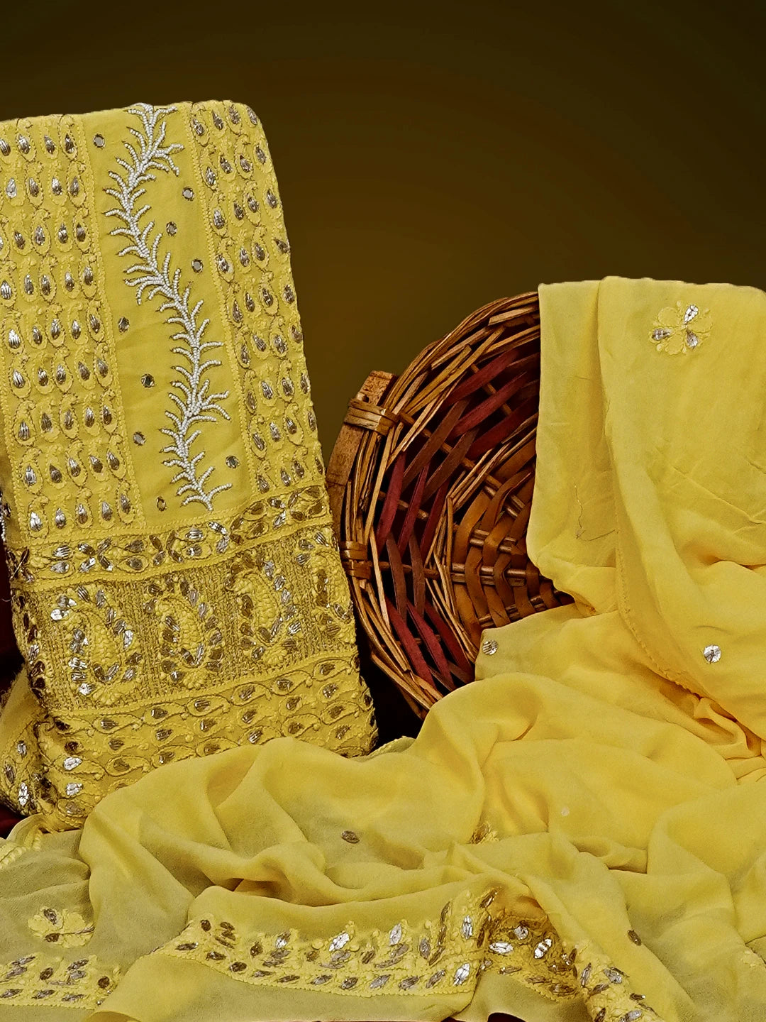 Ada Hand Embroidered Yellow Viscose Georgette Lucknowi Chikankari Unstitched Kurta Dupatta Set With Pearl Work 01A527047