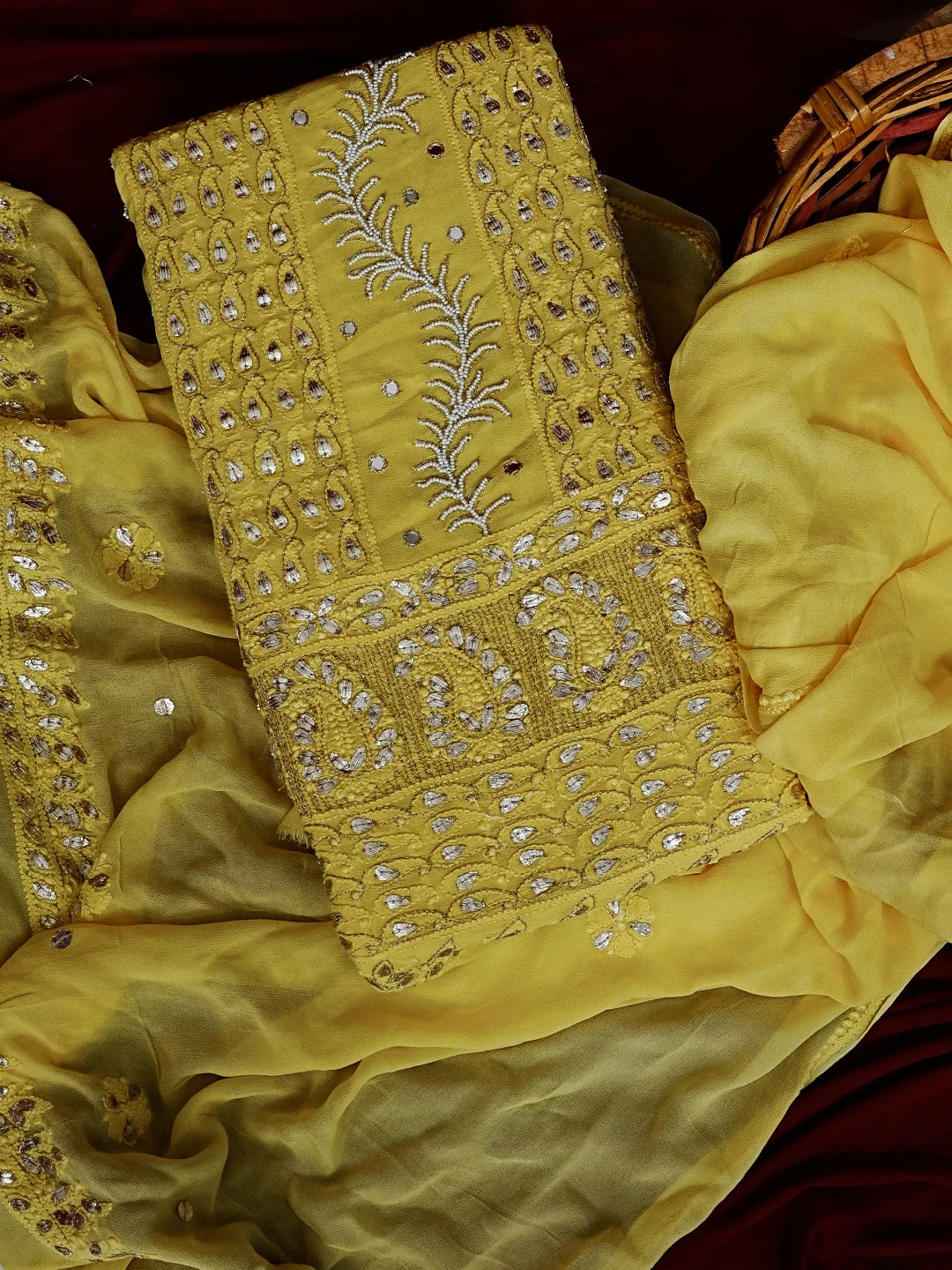 Ada Hand Embroidered Yellow Viscose Georgette Lucknowi Chikankari Unstitched Kurta Dupatta Set With Pearl Work 01A527047