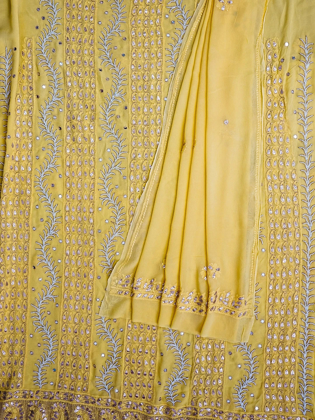 Ada Hand Embroidered Yellow Viscose Georgette Lucknowi Chikankari Unstitched Kurta Dupatta Set With Pearl Work 01A527047