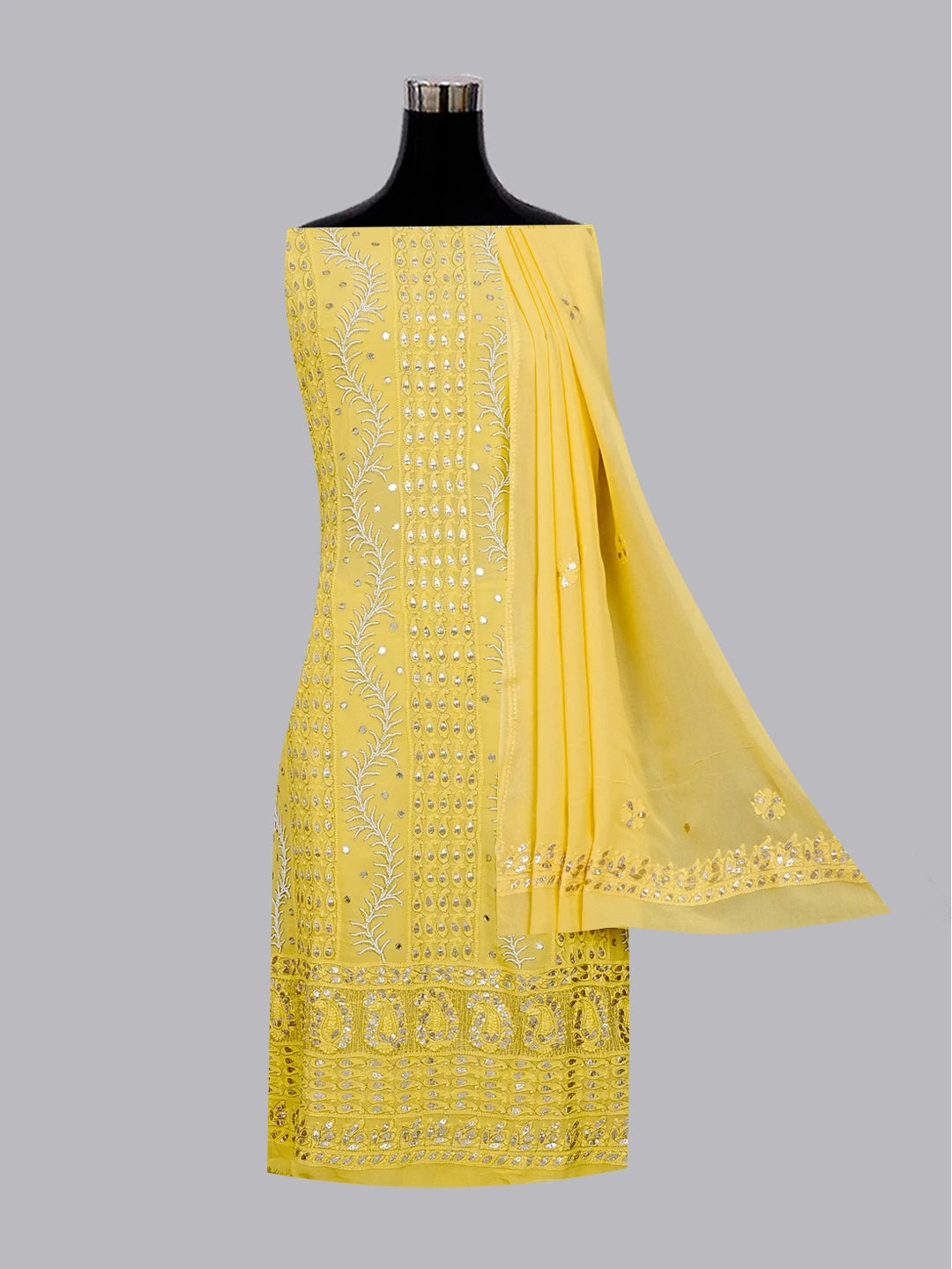 Ada Hand Embroidered Yellow Viscose Georgette Lucknowi Chikankari Unstitched Kurta Dupatta Set With Pearl Work 01A527047