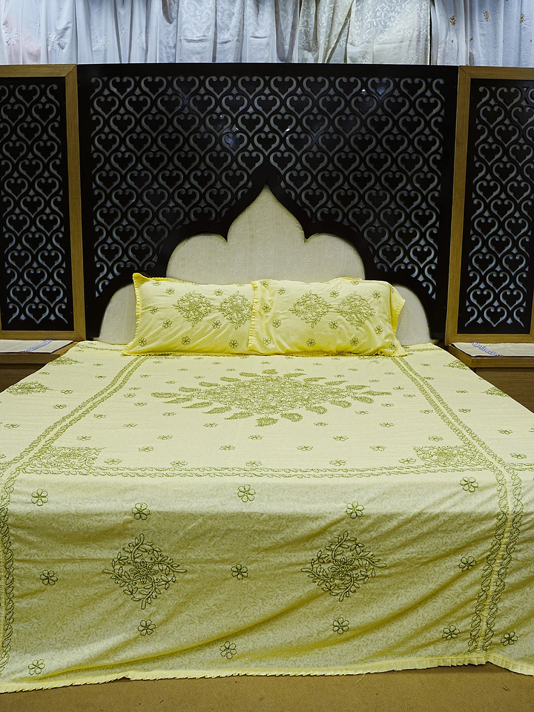 Ada Hand Embroidered Yellow Cotton Lucknowi Chikankari Bed Sheet With Pillow Cover Set 01A492959