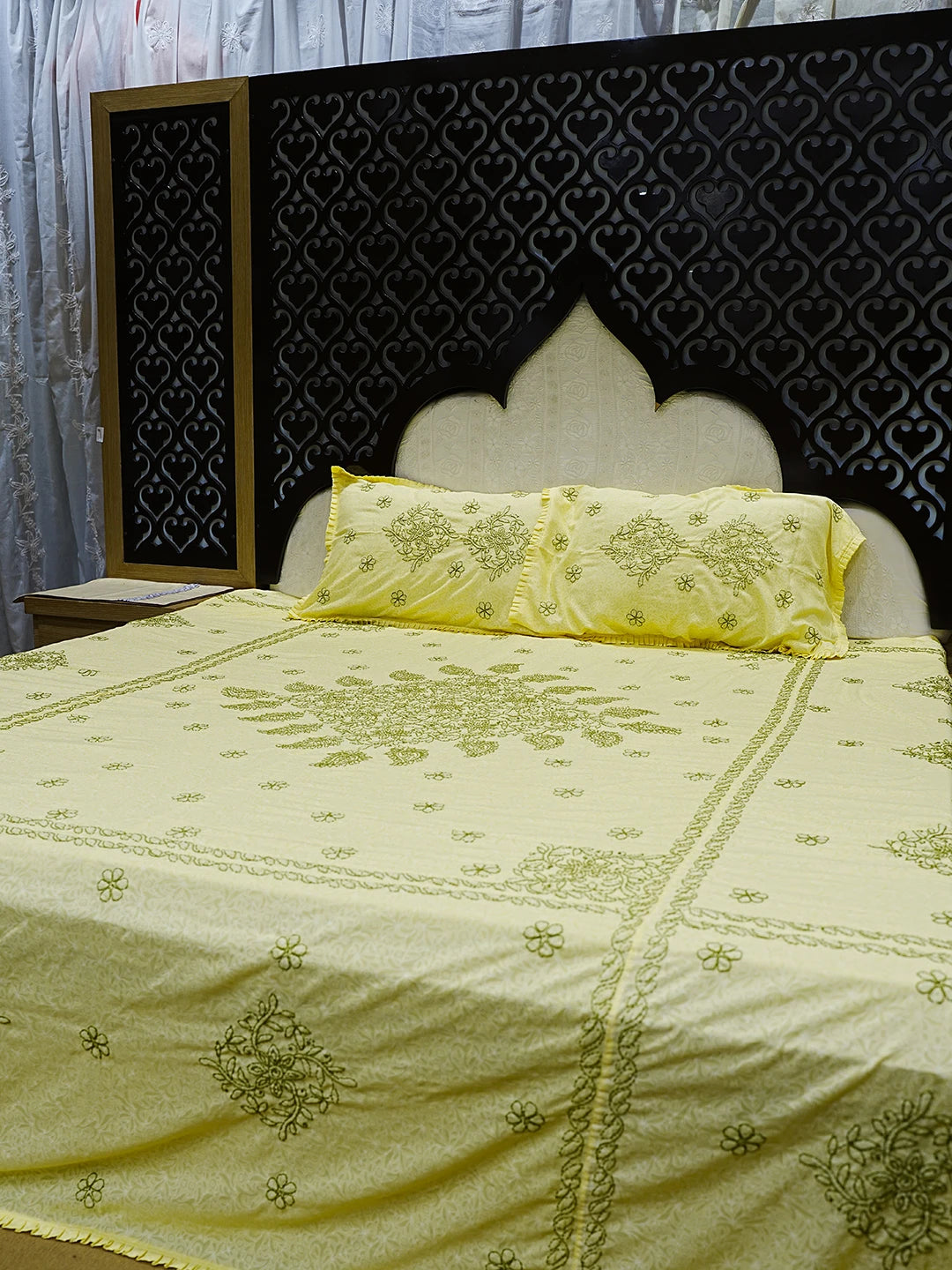 Ada Hand Embroidered Yellow Cotton Lucknowi Chikankari Bed Sheet With Pillow Cover Set 01A492959