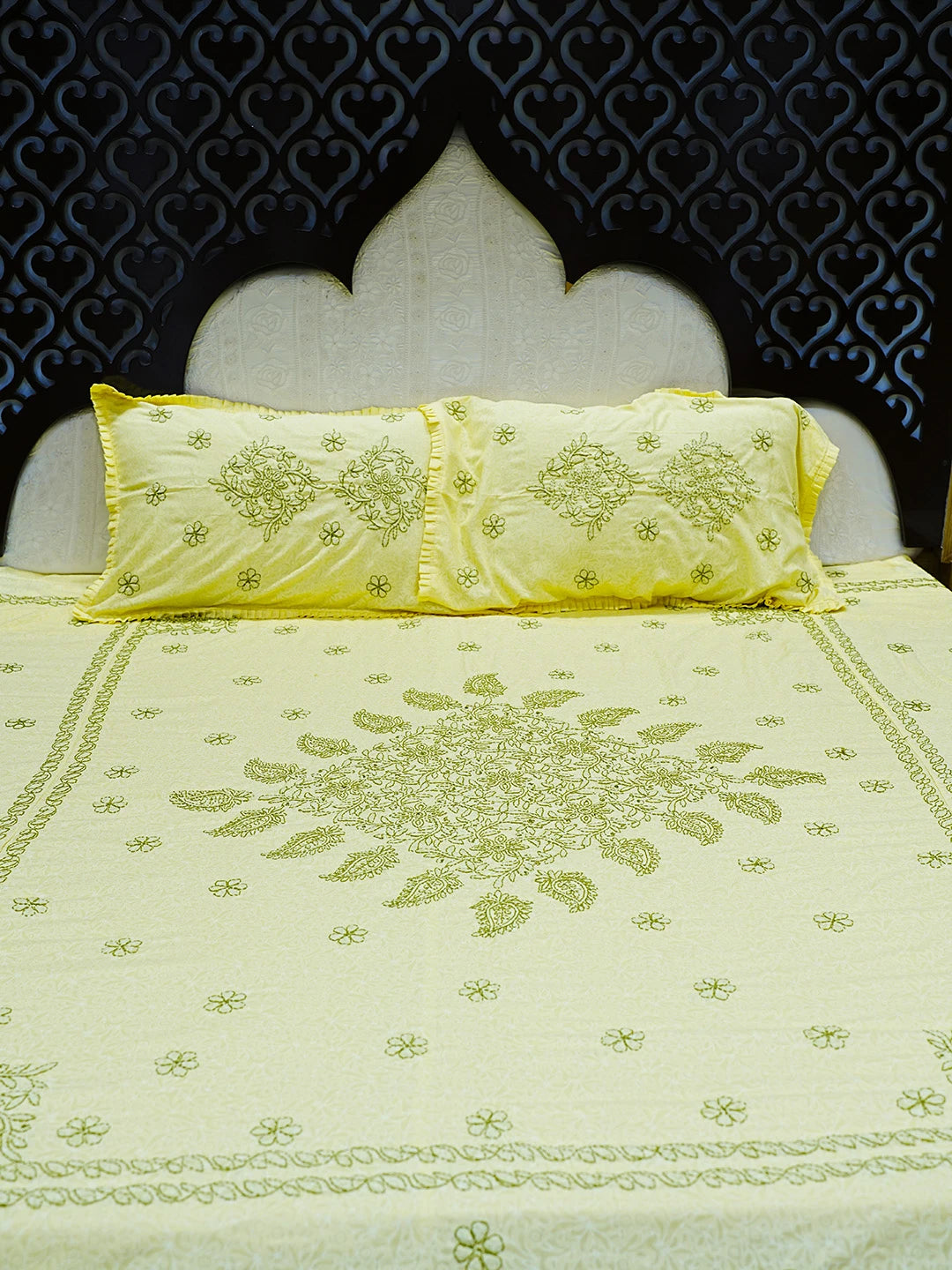 Ada Hand Embroidered Yellow Cotton Lucknowi Chikankari Bed Sheet With Pillow Cover Set 01A492959