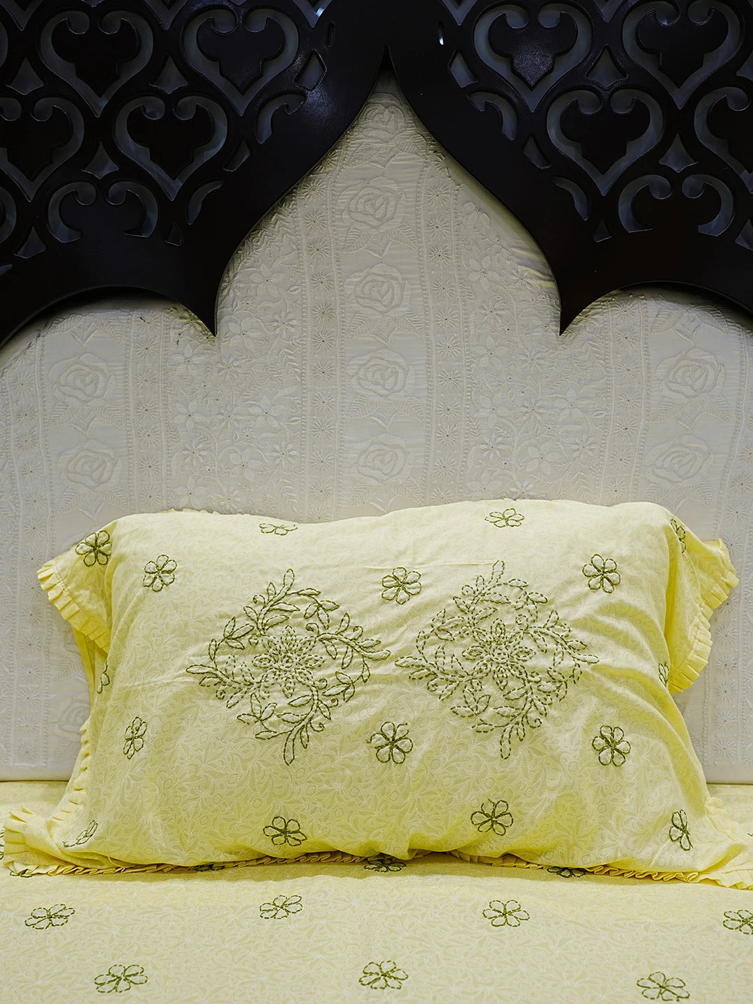 Ada Hand Embroidered Yellow Cotton Lucknowi Chikankari Bed Sheet With Pillow Cover Set 01A492959