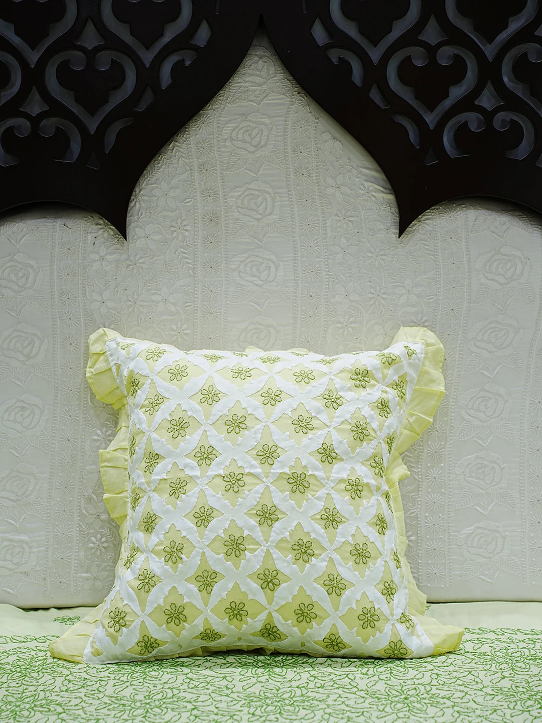 Ada Hand Embroidered Lime Green Cotton Lucknowi Chikankari Cushion Cover 01A479505