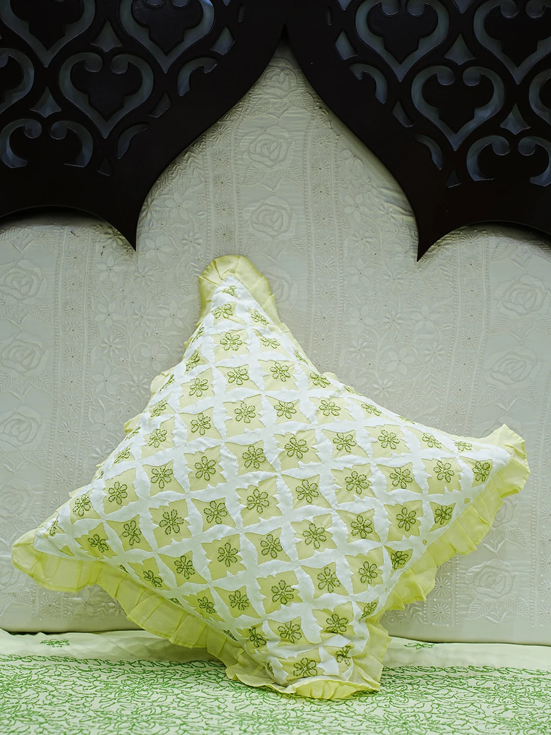 Ada Hand Embroidered Lime Green Cotton Lucknowi Chikankari Cushion Cover 01A479505