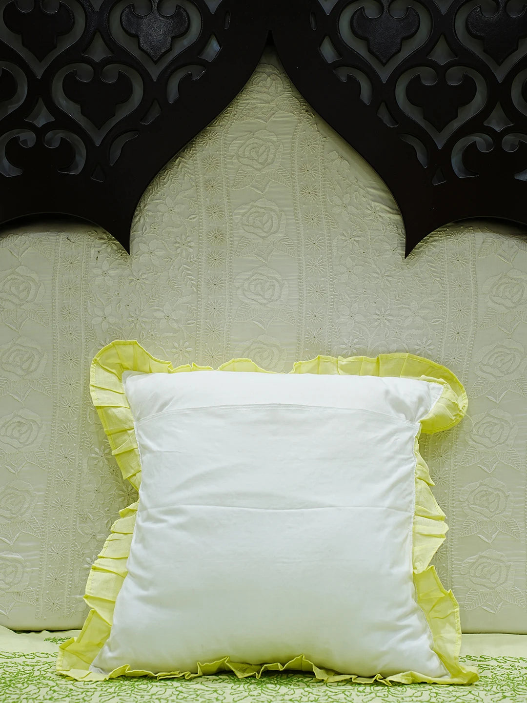 Ada Hand Embroidered Lime Green Cotton Lucknowi Chikankari Cushion Cover 01A479505