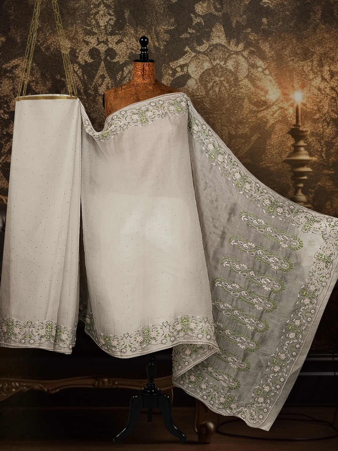 Ada Hand Embroidered Natural White Lucknowi Chikankari Saree/Blouse with Muqaish Work 01A221430