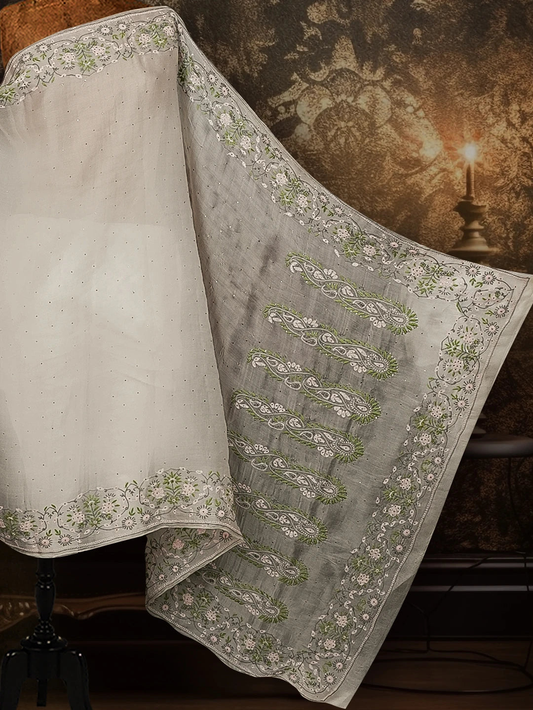 Ada Hand Embroidered Natural White Lucknowi Chikankari Saree/Blouse with Muqaish Work 01A221430