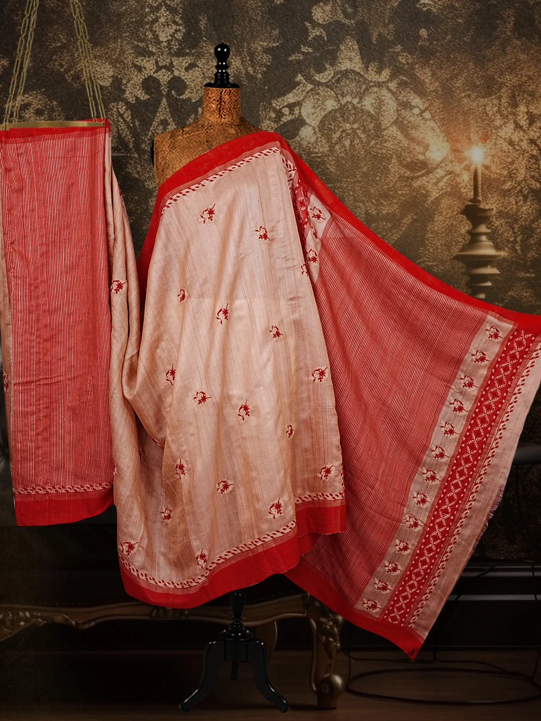 Ada Hand Embroidered Fawn Ghicha Silk Lucknowi Chikankari Saree and Blouse 01A545446