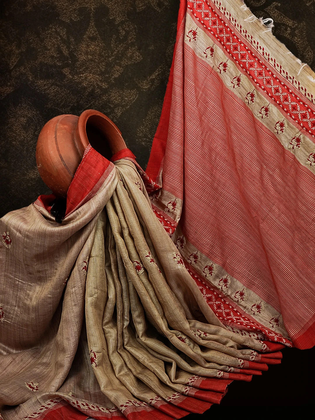 Ada Hand Embroidered Fawn Ghicha Silk Lucknowi Chikankari Saree and Blouse 01A545446