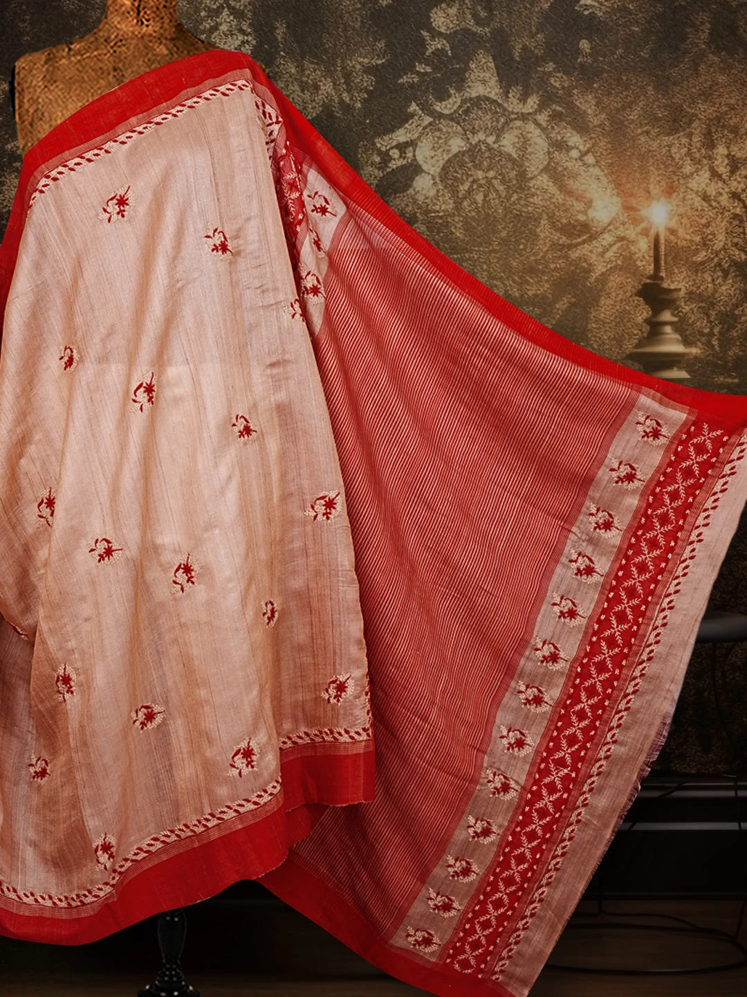 Ada Hand Embroidered Fawn Ghicha Silk Lucknowi Chikankari Saree and Blouse 01A545446