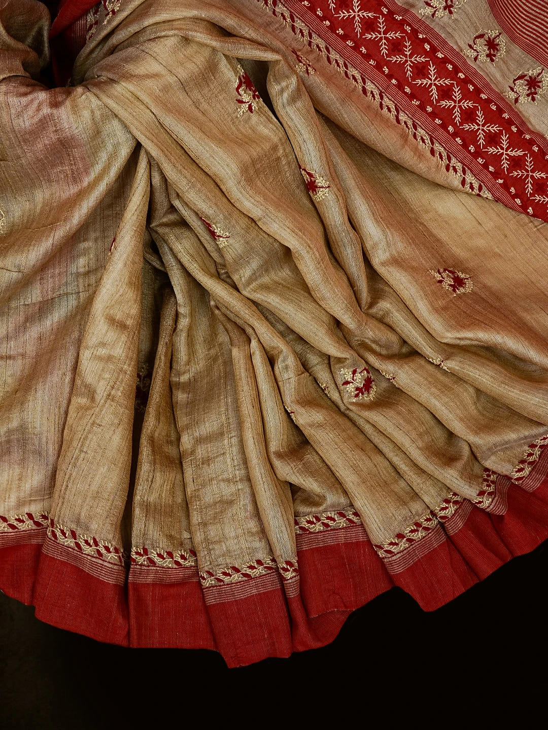 Ada Hand Embroidered Fawn Ghicha Silk Lucknowi Chikankari Saree and Blouse 01A545446