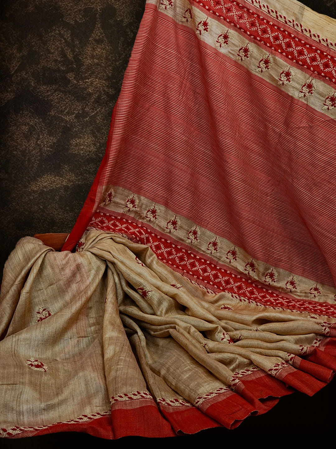 Ada Hand Embroidered Fawn Ghicha Silk Lucknowi Chikankari Saree and Blouse 01A545446
