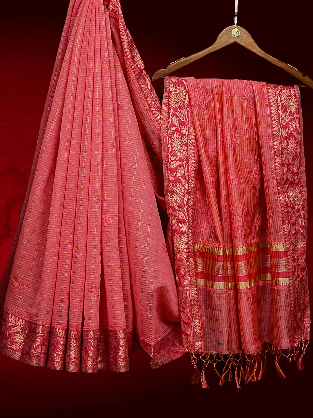 Ada Hand Embroidered Pink Chanderi Lucknowi Chikankari Saree With Blouse 01A543203