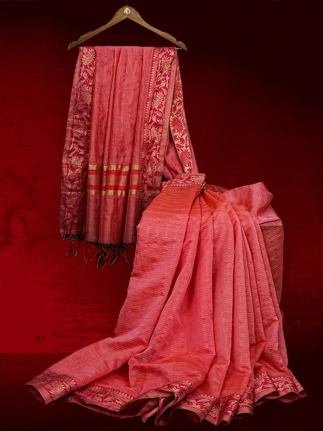 Ada Hand Embroidered Pink Chanderi Lucknowi Chikankari Saree With Blouse 01A543203