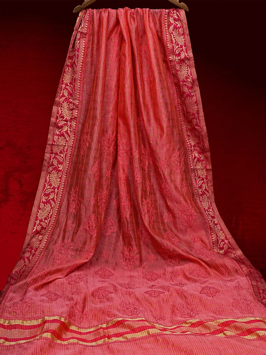 Ada Hand Embroidered Pink Chanderi Lucknowi Chikankari Saree With Blouse 01A543203