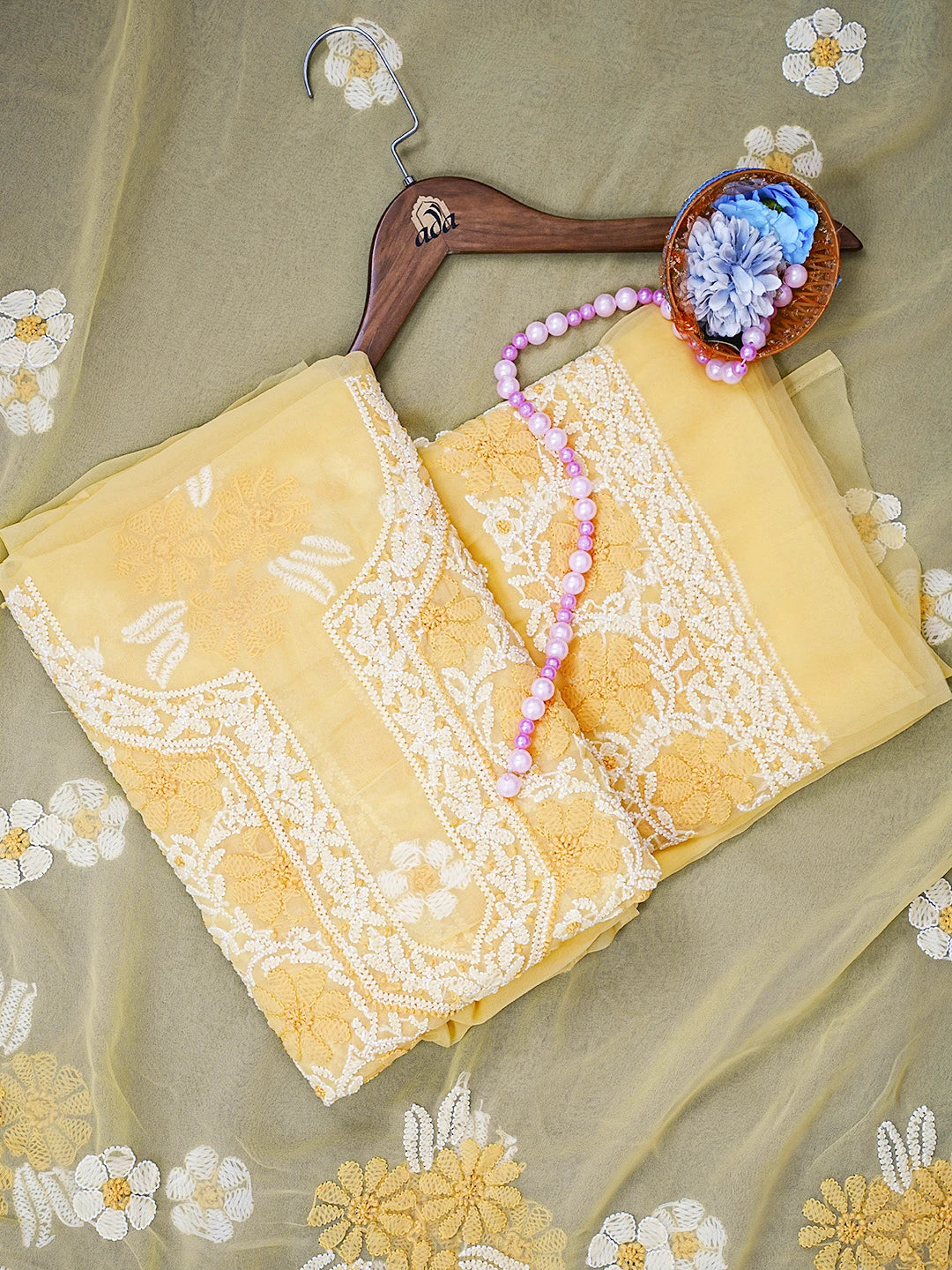 Ada Hand Embroidered Yellow Georgette Lucknowi Chikankari Unstitched Suit Piece 01A545504