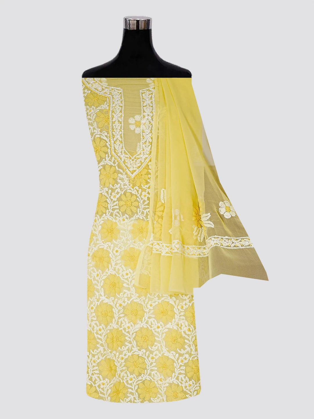 Ada Hand Embroidered Yellow Georgette Lucknowi Chikankari Unstitched Suit Piece 01A545504