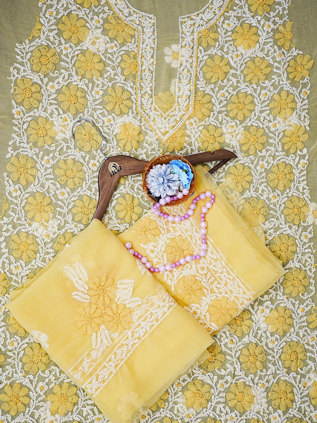 Ada Hand Embroidered Yellow Georgette Lucknowi Chikankari Unstitched Suit Piece 01A545504