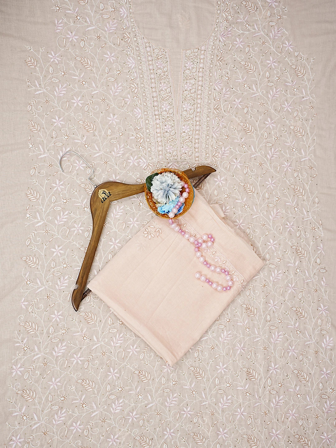 Ada Hand Embroidered Peach Cotton Lucknowi Chikankari Unstitched Kurta Dupatta Set With Pearl Work 01A307497