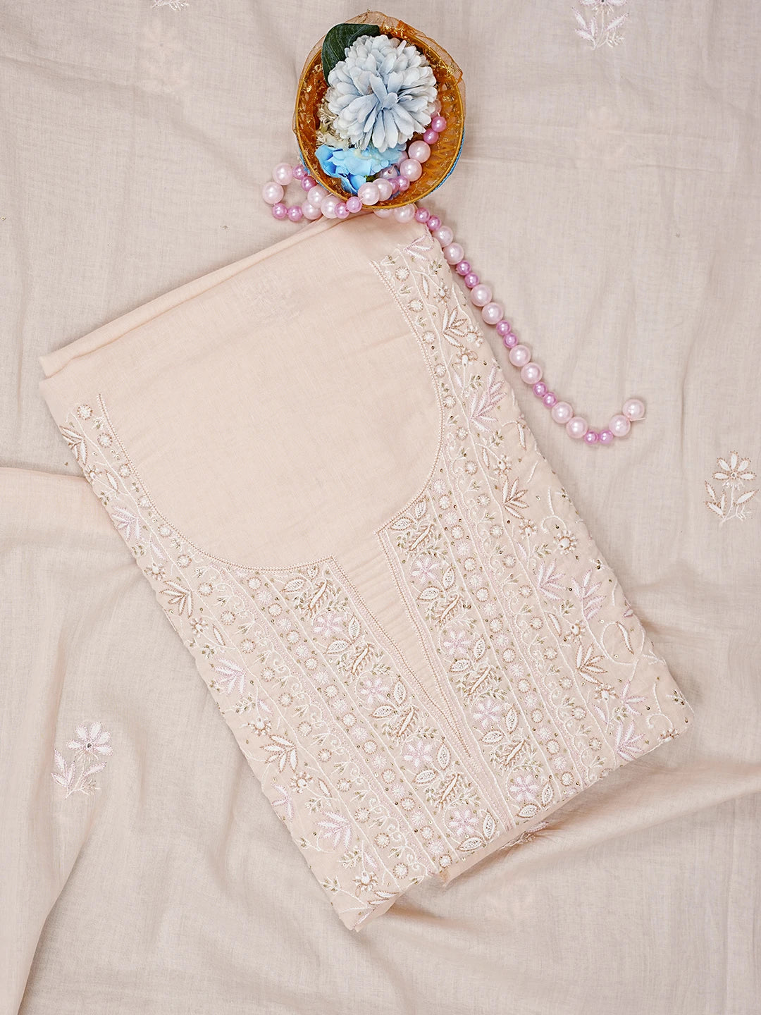 Ada Hand Embroidered Peach Cotton Lucknowi Chikankari Unstitched Kurta Dupatta Set With Pearl Work 01A307497