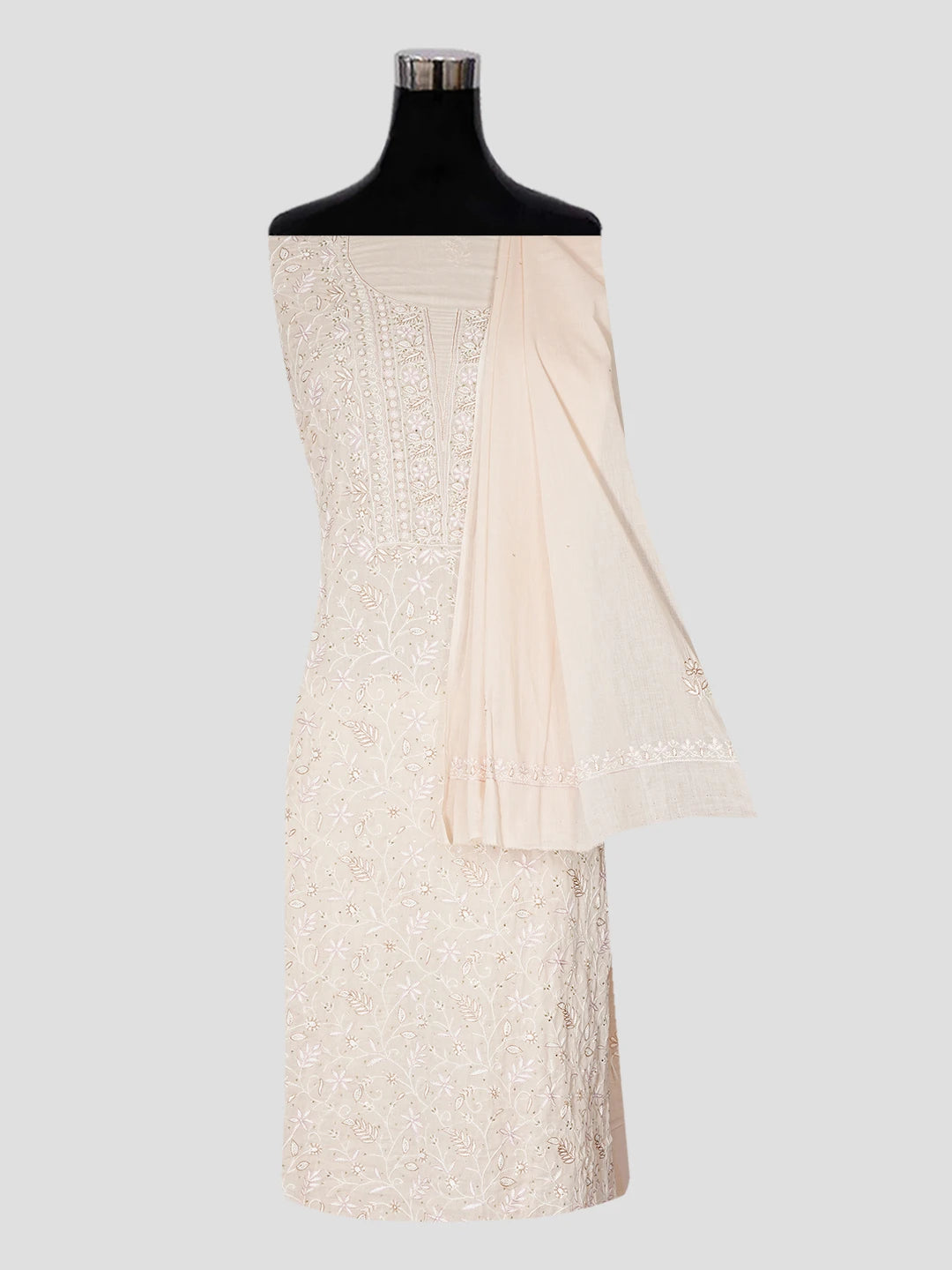 Ada Hand Embroidered Peach Cotton Lucknowi Chikankari Unstitched Kurta Dupatta Set With Pearl Work 01A307497