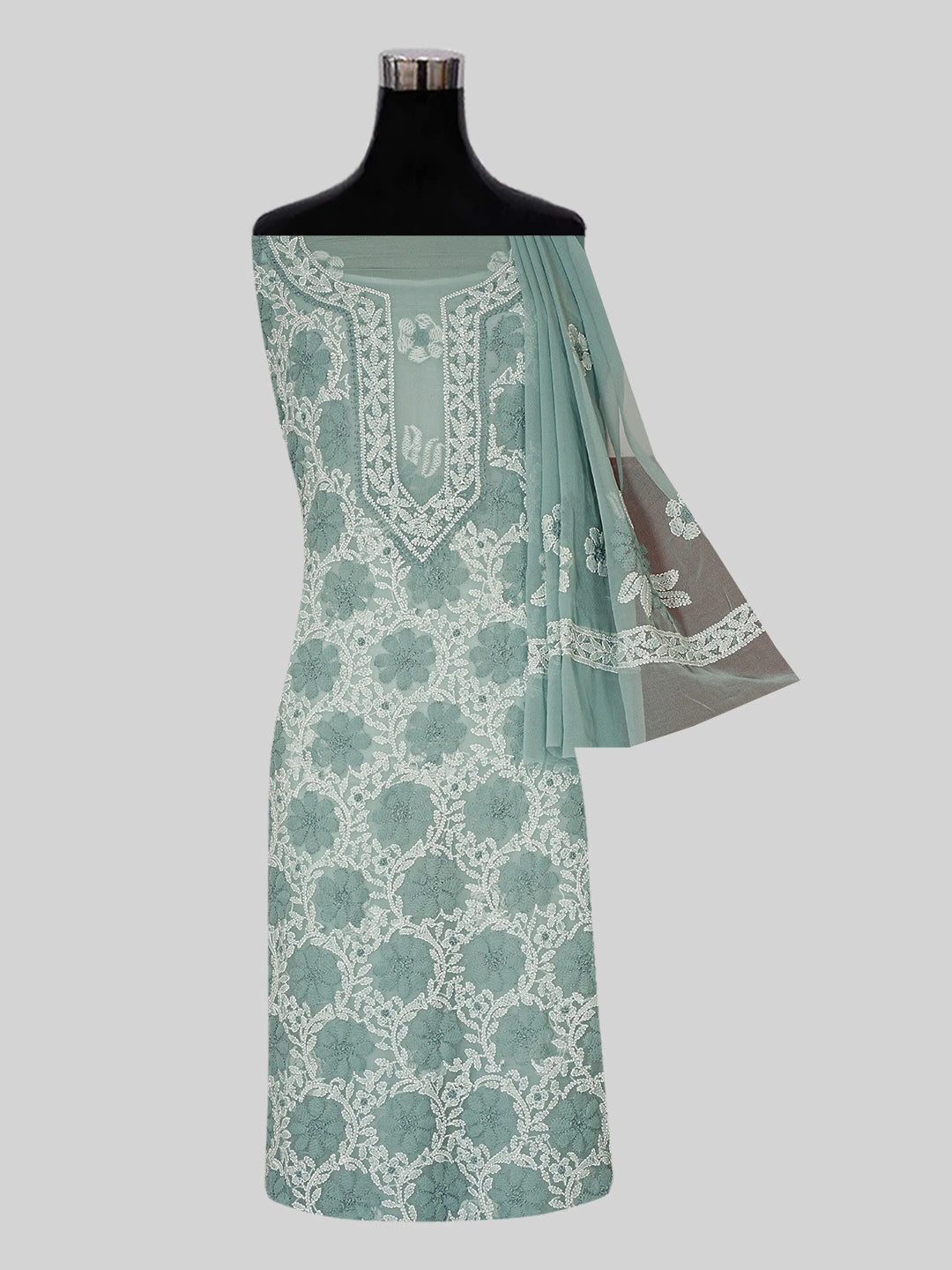 Ada Hand Embroidered Teal Green Georgette Lucknowi Chikankari Unstitched Suit Piece 01A545508