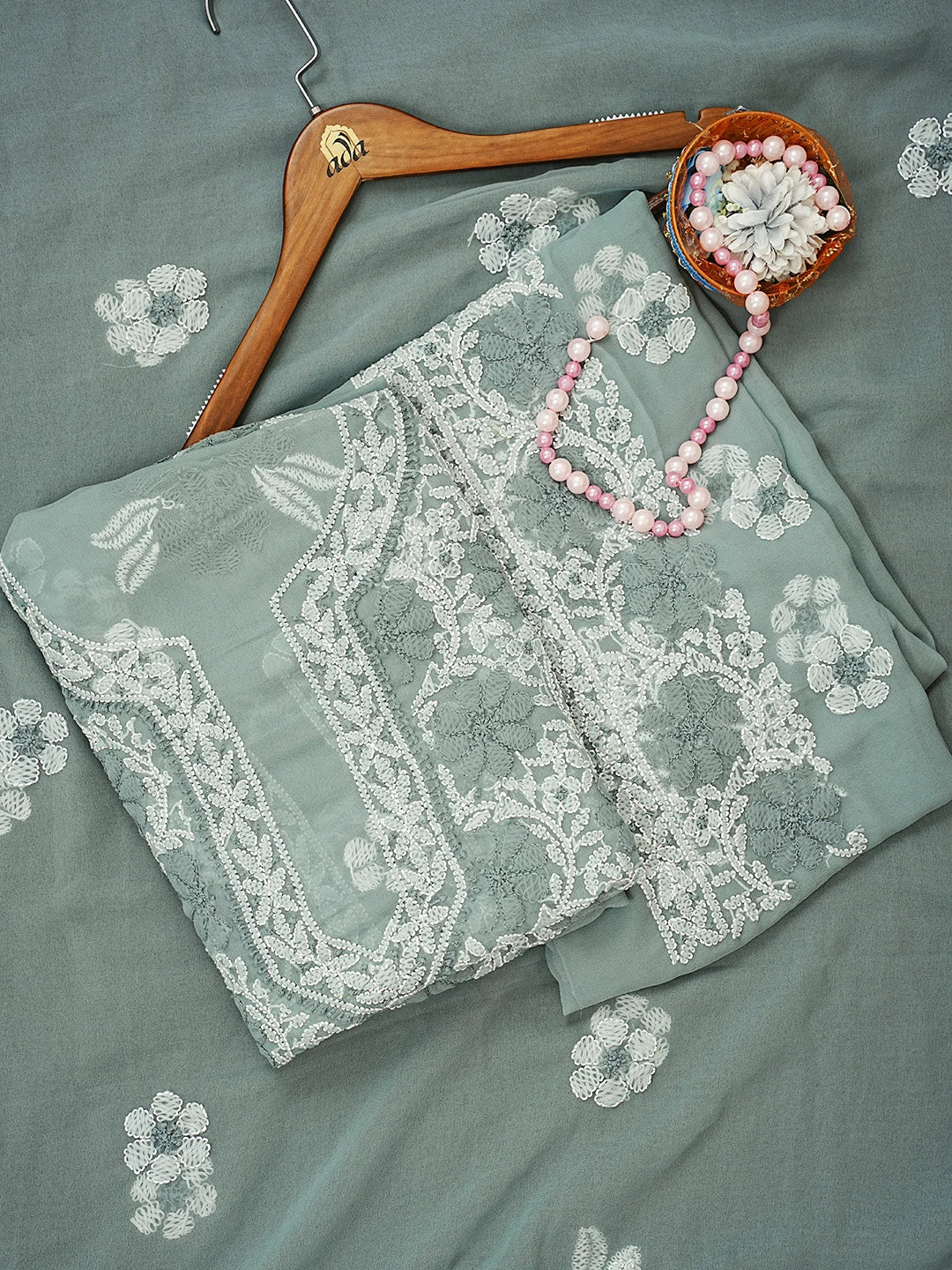 Ada Hand Embroidered Teal Green Georgette Lucknowi Chikankari Unstitched Suit Piece 01A545508