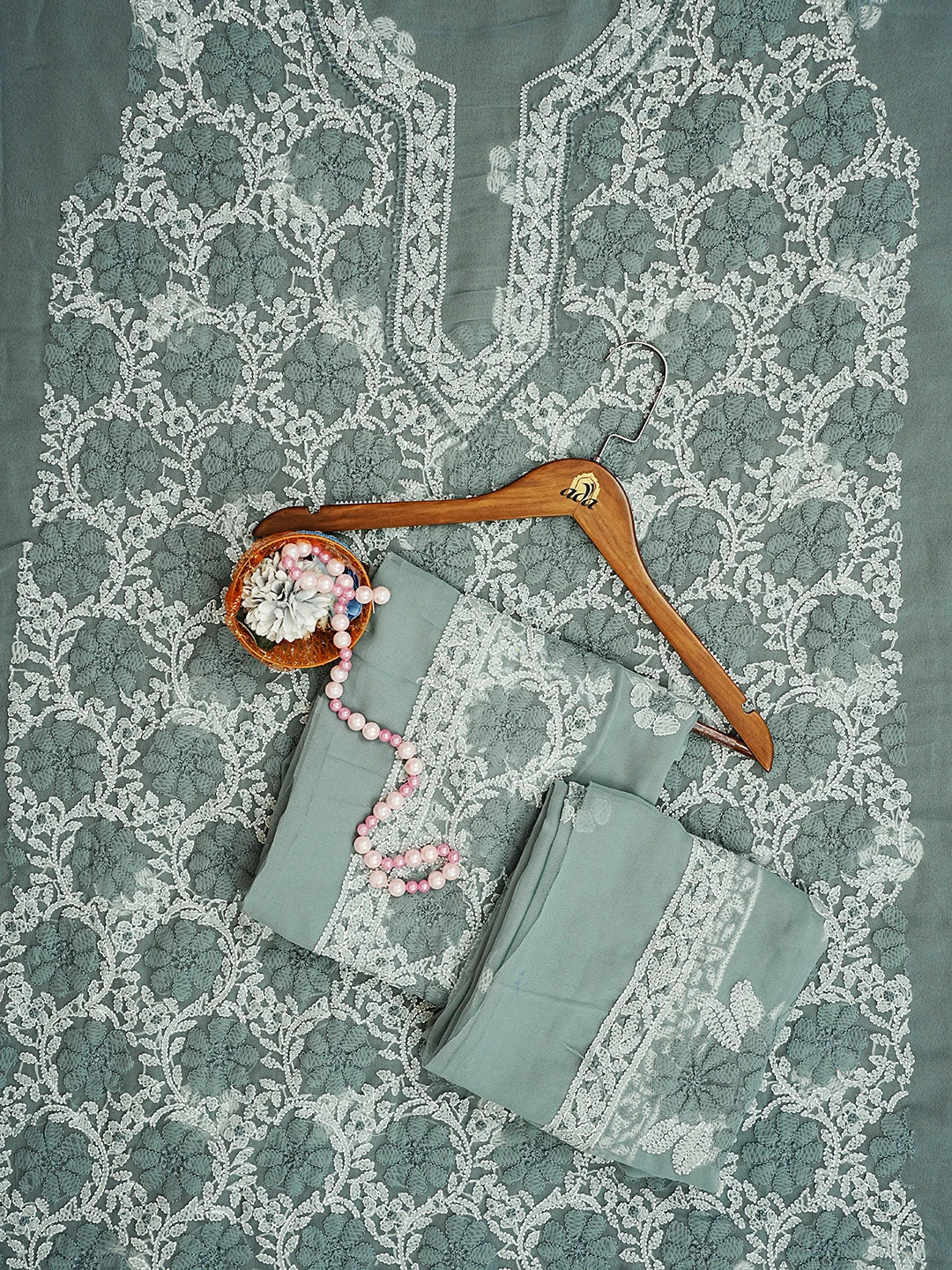 Ada Hand Embroidered Teal Green Georgette Lucknowi Chikankari Unstitched Suit Piece 01A545508