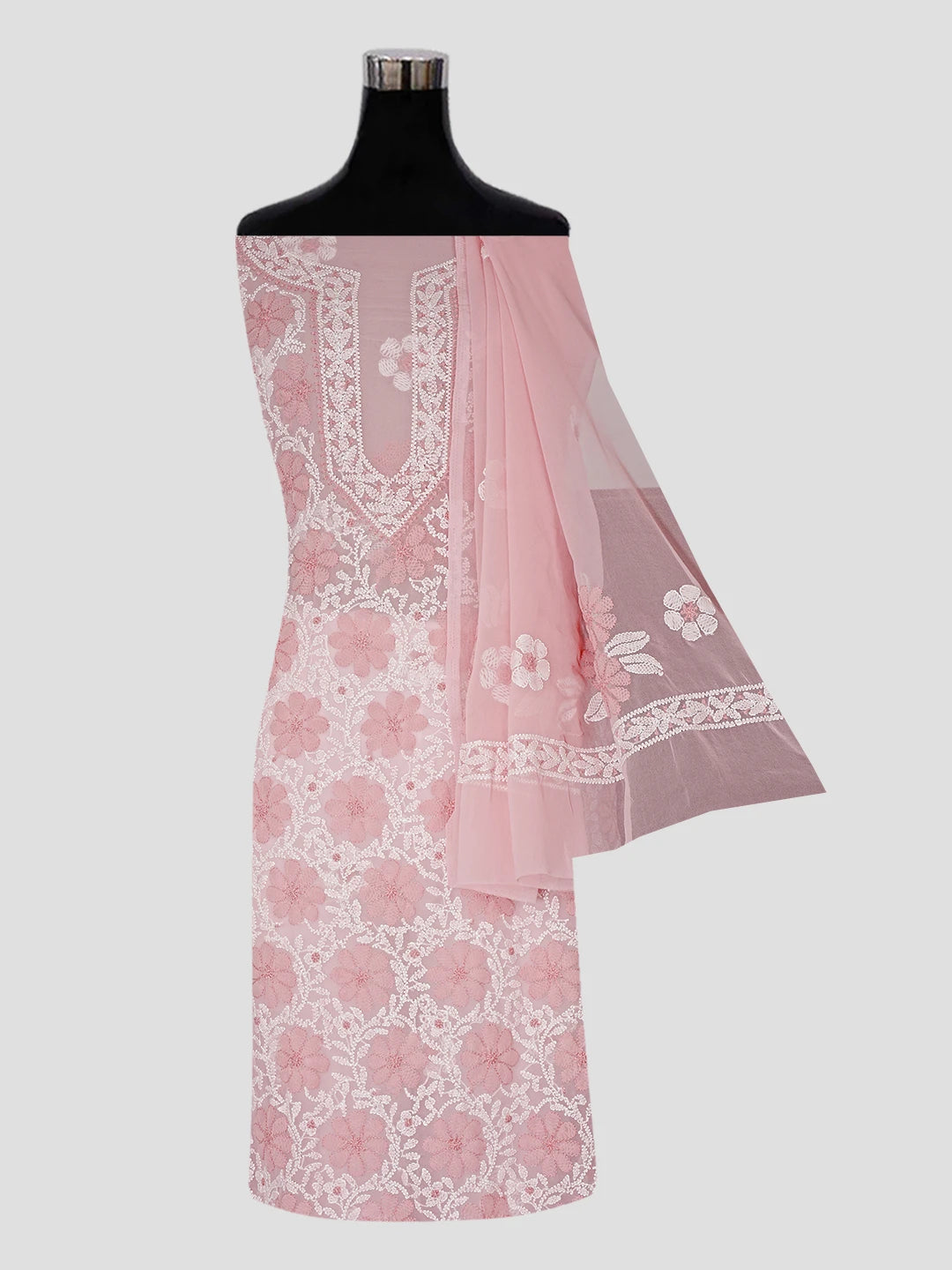 Ada Hand Embroidered Pink Georgette Lucknowi Chikankari Unstitched Suit Piece 01A545502