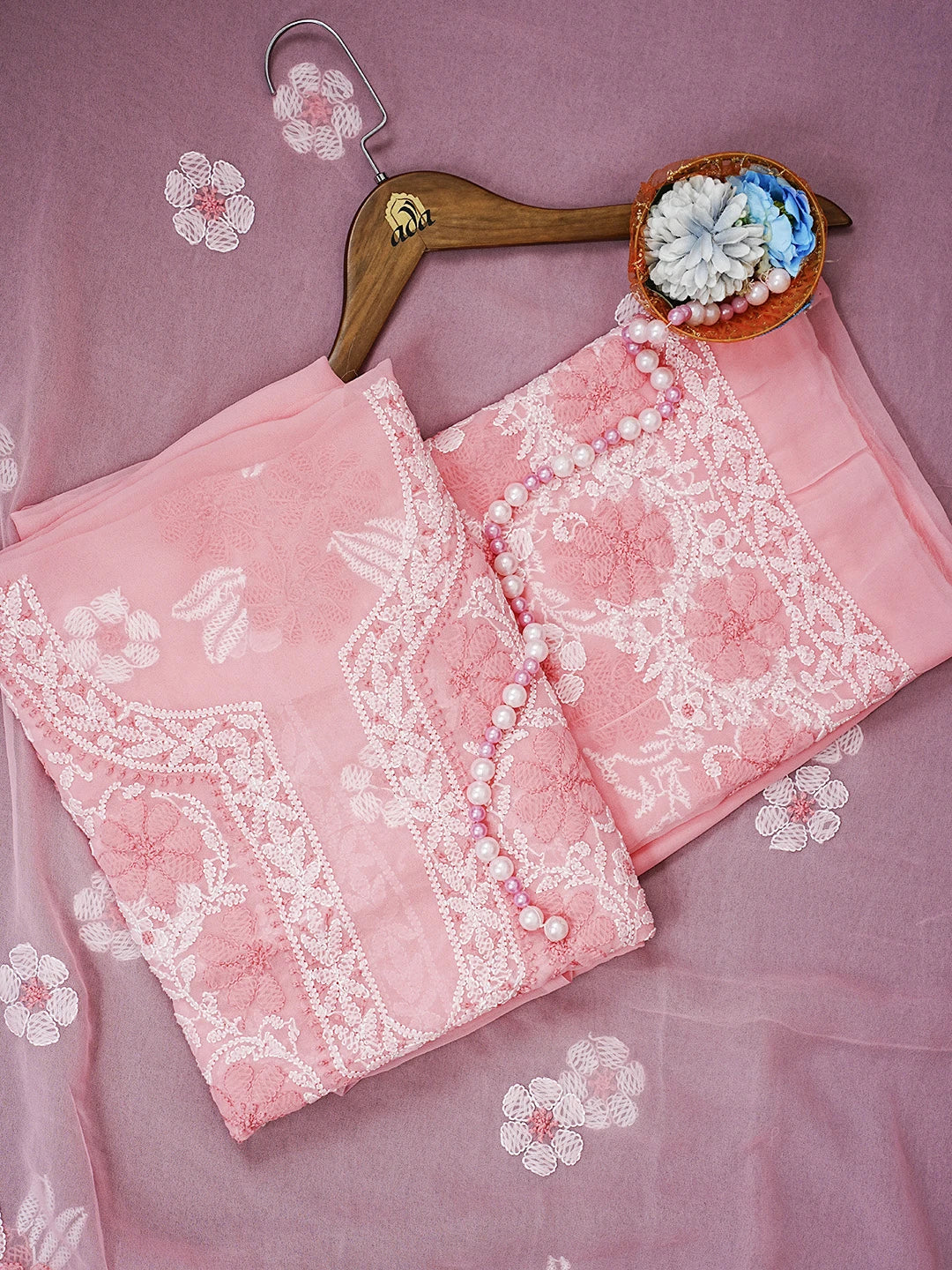 Ada Hand Embroidered Pink Georgette Lucknowi Chikankari Unstitched Suit Piece 01A545502