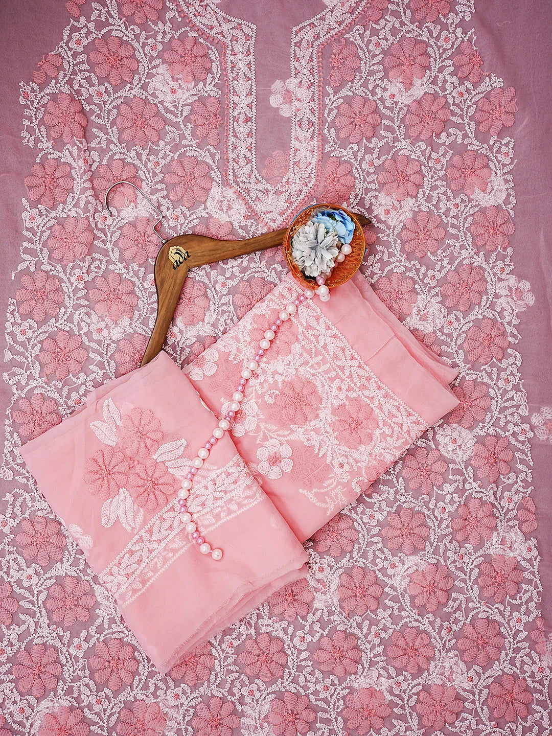 Ada Hand Embroidered Pink Georgette Lucknowi Chikankari Unstitched Suit Piece 01A545502