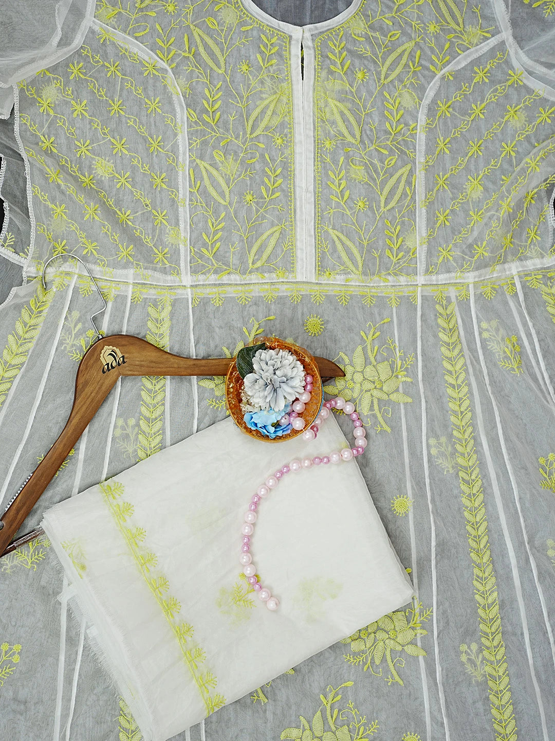 Ada Hand Embroidered White Organza Lucknowi Chikankari Semi-stitched Kurta Dupatta Set 01A372982