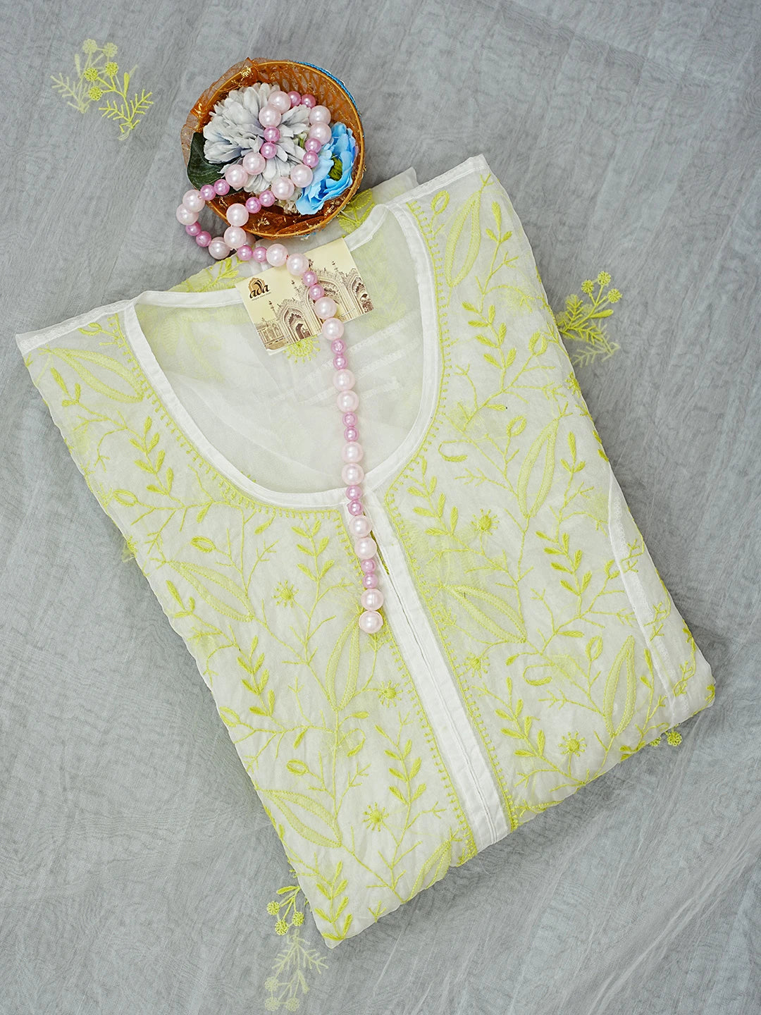 Ada Hand Embroidered White Organza Lucknowi Chikankari Semi-stitched Kurta Dupatta Set 01A372982