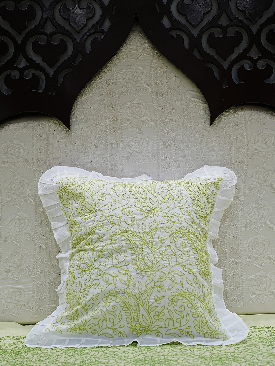 Ada Hand Embroidered White Cotton Lucknowi Chikankari Cushion Cover 01A505456