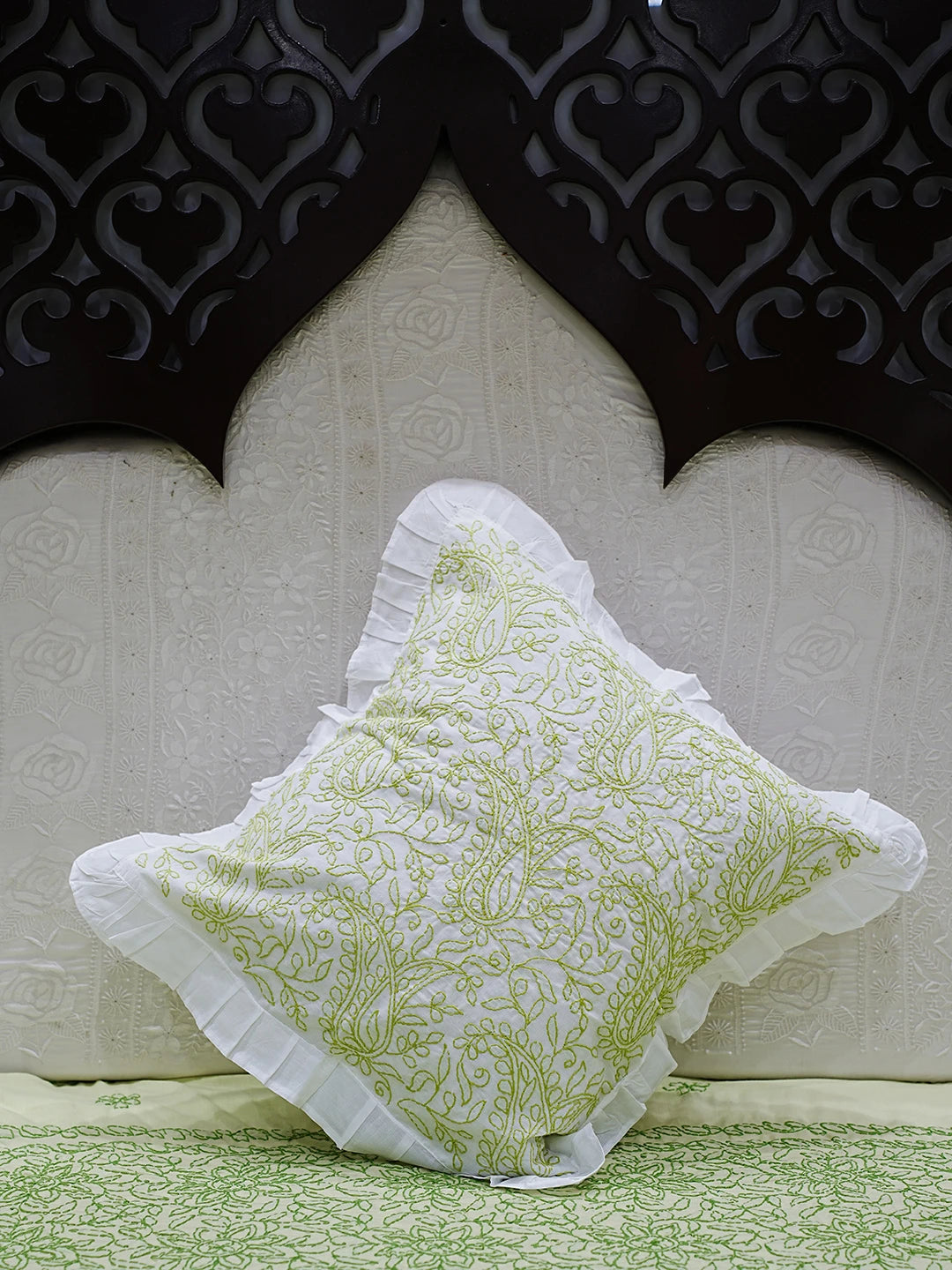 Ada Hand Embroidered White Cotton Lucknowi Chikankari Cushion Cover 01A505456