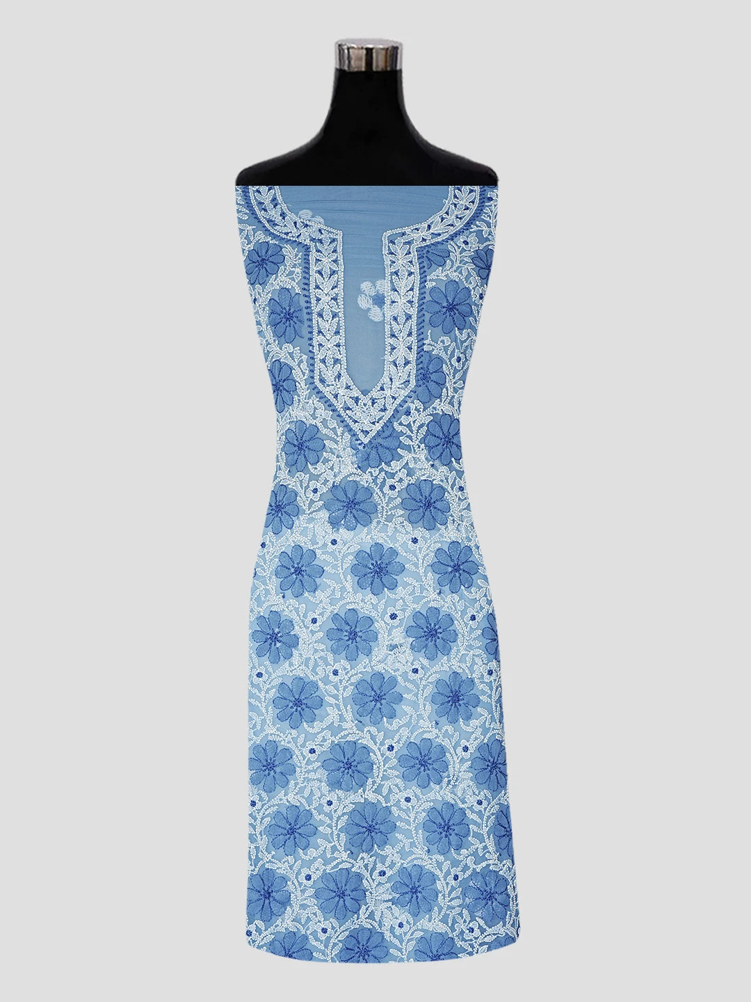 Ada Hand Embroidered Crystal Teal Georgette Lucknowi Chikankari Unstitched Suit Piece 01A545509