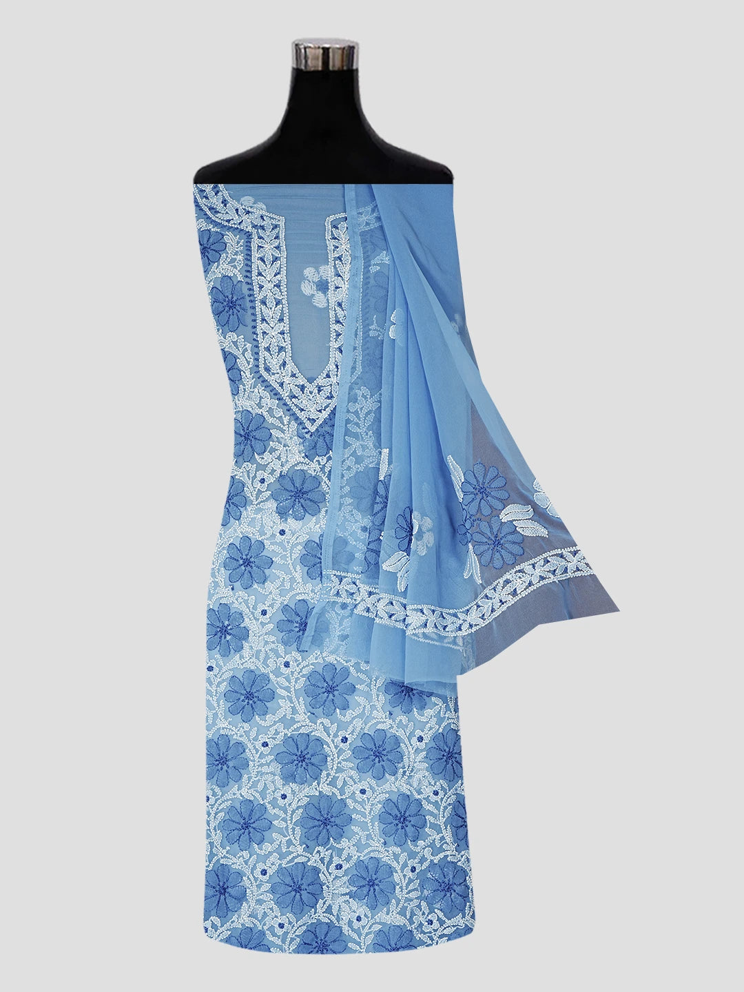 Ada Hand Embroidered Crystal Teal Georgette Lucknowi Chikankari Unstitched Suit Piece 01A545509